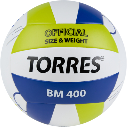 Мяч вол. TORRES BM400, V42315, р.5, синт. кожа (ТПУ), клееный, бут.кам., бело-сине-зелен