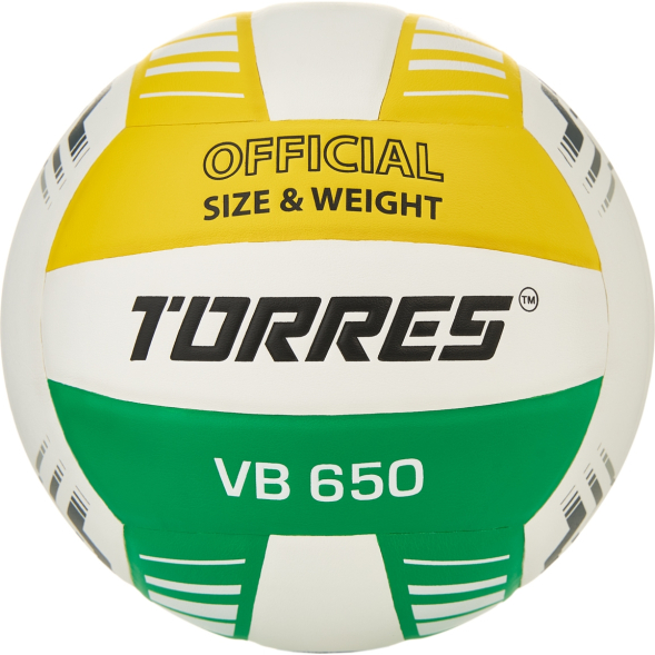 Мяч вол. TORRES VB 650, V32425, р.5, синт.кожа полиуретан, клееный, бут.кам, бел-зелено-желт